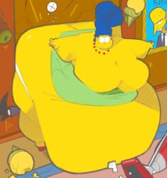 secretstarroom the_simpsons 1girls female female_only female_focus marge_simpson mom mother milf yellow_skin blue_hair breasts large_breasts hyper wide_hips hips thick_thighs thighs hyper_ass large_ass ass hyper_breasts necklace dress wardrobe_malfunction panties underwear property_damage heels cleavage