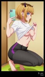 1girl 4k 8k ai_generated anime_scene anime_screenshot attractive_body beautiful_face bike_mini-shorts blonde_hair blue_eyes blunt_bangs demon_horns explicit_content fake_horns feet five_toes full_body happy_expressive_face holding_phone horns leggings_under_shorts legs lifted_t-shirt looking_at_viewer manicure masterpiece mature_woman medium_breasts memcho navel nsfw oshi_no_ko pedicure perfect_anatomy profile_view seductive_pose selfie short_hair solo squatting stomach tight_bottoms tight_leggings toenails toes