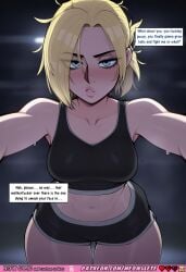 ai_generated comic comics comic_strip annie_leonhardt attack_on_titan 1girl solo blonde_hair blue_eyes short_hair muscular muscular_female abs biceps strong thick_thighs large_breasts toned_body sweat sweaty_body black_tank_top black_shorts sportswear tight_clothing closeup upper_body looking_down dominant femdom speech_bubble english_text text smug expression blush indoors dark_background nsfwcomic meowllete