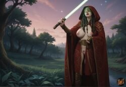 ai_generated elledoesai self_upload star_wars tales_of_the_jedi_(comic) miraluka shoaneb_culu forest_background starry_sky lightsaber blindfold hooded_cloak red_robe fair_skin brown_hair exposed_breasts solo_female exposed_pussy pubic_hair large_breasts braided_hair