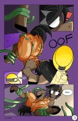 absurd_res animal_genitalia animal_vulva anus anus_outline armor camel_toe chest_tuft clothing comic comic_panel dialogue earth_pony english_text equid equine equine_anus equine_genitalia equine_vulva exclamation_point eye_through_hair eyebrow_through_hair eyebrows eyelashes eyelashes_through_hair faceplant fan_character female feral genital_outline genitals hair hard_hat hasbro headgear helmet hi_res hooves horse inner_ear_fluff lying mammal my_little_pony on_back onomatopoeia oof ouch outline page_number pony quadruped restrained scrwdrvr signature solo sound_effects speech_bubble spread_legs spreading surprised tentacles text translucent translucent_hair tuft underhoof unguligrade vulva vulva_outline white_outline