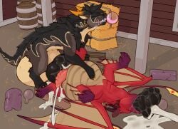 all_the_way_through animal_genitalia animal_penis balls big_balls big_penis bodily_fluids broken_sex_toy cum cum_while_penetrated dragon drinking_potion duo equine_genitalia equine_penis expansion felkin feral flared_penis genital_fluids genitals growth hi_res huge_balls huge_penis hyper hyper_balls hyper_genitalia hyper_penis jaeger_(lewddragons) ketei knot male male/male mythological_creature mythological_scalie mythology penetration penis scalie zharn