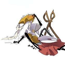 2girls blush blush_lines blushing blushing_female bug bug_girl covered_mouth covering_mouth crying cunnilingus eating_pussy gripping_sheets hollow_knight hollow_knight:_silksong hollow_knight_(franchise) hornet_(hollow_knight) pussy pussy_juice reducing_bird robot robot_girl second_sentinel shaking team_cherry yuri