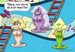 2021 4girls amethyst_(steven_universe) blonde_hair board_game color commission digital_media_(artwork) english_text female_only green_skin grey_hair hi_res multiple_girls peridot_(steven_universe) permanent_smile pink_hair pink_skin purple_hair purple_skin rubber_skin sadie_miller shadow2007x spinel_(steven_universe) steven_universe text transformation