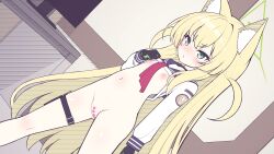 1girl absurdres animal_ear_fluff animal_ears black_gloves blonde_hair blue_archive blue_sailor_collar blush bottomless censored clothes_lift commentary_request dutch_angle flat_chest fox_ears fox_girl gloves green_eyes green_gloves green_halo halo hand_up heart heart_censor highres holster kurumi_(blue_archive) long_hair long_sleeves looking_at_viewer multicolored_gloves navel neckerchief nipples nose_blush open_mouth puffy_long_sleeves puffy_sleeves pussy red_neckerchief sailor_collar sailor_shirt sasakura_momiji shirt shirt_lift solo thigh_holster triangle_halo two-sided_gloves two-tone_gloves two_side_up variant_set very_long_hair white_shirt