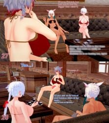 1girls 2futas 3d alisaie_leveilleur bikini bulge cat_ears cat_tail commission elezen english_text final_fantasy final_fantasy_xiv futanari futanari_transformation gray_hair huge_breasts intersex koikatsu miqo'te oc original_character phone reality_warping square_enix swimsuit text transformation white_hair xavierhuge y'shtola_rhul yae_yoshizawa