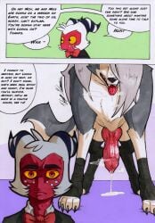 absurd_res animal_genitalia animal_penis anthro big_penis canid canid_demon canine canine_genitalia canine_penis demon duo feral feral_loona_(helluva_boss) genitals gynomorph hair hellaverse hellhound helluva_boss hi_res imp in_heat intersex knot loona_(helluva_boss) male mammal moxxie_(helluva_boss) mythological_canine mythological_creature mythology open_mouth penis red_body rotten_owl simple_background tail text tongue traditional_media_(artwork) white_background white_hair