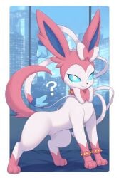 ai_generated bedroom blue_eyes female feral furry night nude nude_female on_bed pokemon pokemon_(species) pussy quadruped question_mark seductive_look spiked_bracelet spiked_collar sylveon white_body