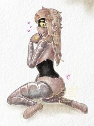 aarushiiroosh anus anus_outline anus_peek ass behind_view cyn_(murder_drones) female female_only glitch_productions grey_hair heart looking_away murder_drones thighs yellow_anus yellow_eyes