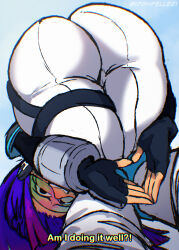 1girls amen_pose ass ass_focus ass_up big_ass black_eyes bodysuit english english_text eyewear female female_only glitch_techs hair huge_ass intergluteal_cleft irishfeller1 long_hair looking_back meme meme_reference miko_kubota pose posing praise_da_booty_(meme) purple_hari solo solo_female text thigh_strap white_bodysuit