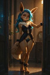 1girls ai_generated anthro_female blue_hair brown_fur canid dara_(scorpianpp) dog_girl eevee female generation_1_pokemon orange_eyes original_character pokemon pokemon_(species) scorpianpp self_upload stable_diffusion