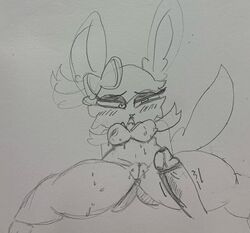 anthro bodily_fluids brightdowne duo eeveelution female genitals hi_res male male/female nintendo penis pokémon_(species) pokemon pokemon_(species) ribbons shortstack sweat sylveon thick_thighs video_games