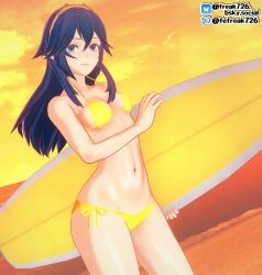 1girls 3d alternate_costume bare_arms bare_shoulders bare_thighs beach bikini blue_eyes blue_hair brand_of_the_exalt breasts breasts_apart collarbone fefreak726 female female_only fire_emblem fire_emblem_awakening gold_bikini gold_swimsuit hair_between_eyes hand_up holding holding_surfboard long_hair looking_at_viewer lucina_(fire_emblem) medium_breasts navel nintendo ocean outdoors shoulders sideboob smile solo stomach sunset surfboard swimsuit symbol-shaped_pupils thighs tiara underboob wet