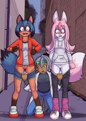 anthro assisted_exposure blue_hair blush bottomwear bottomwear_down brand_new_animal breasts brown_body canid canine clothed clothing digital_media_(artwork) embarrassed eyewear female forced forced_exposure fox fur genitals green_eyes group hair hi_res human mammal mancoin marie_itami michiru_kagemori mink mustelid musteline nazuna_hiwatashi open_mouth panties panties_down pants pants_down partially_clothed pink_body pink_fur pink_hair pubes raccoon_dog shocked signature small_breasts smile studio_trigger tail tanuki topwear trio true_musteline underwear underwear_down undressing undressing_another vulva white_body white_fur