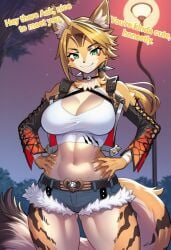 cocky69 ai_generated text zenless_zone_zero pulchra_(zenless_zone_zero) pulchra_fellini female female_only cat_ears cat_tail catgirl cat_girl yellow_fur green_eyes hands_on_hips jacket shorts crop_top breasts big_breasts boobs big_boobs trees smile