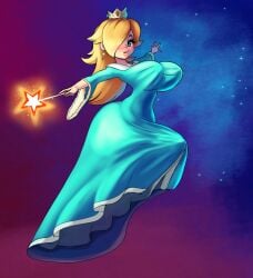 1futa 1girls blonde_hair blue_clothing blue_eyes blush clothing futanari huge_breasts ichduhernz long_hair mario_(series) nintendo princess_rosalina rosalina_bulge_(meme) space space_background