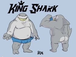 2021 absurd_res anthro ass belly_hair body_hair boxer_briefs bulge butt_hair chest_hair clothed clothing dc_comics detailed_bulge fish front_view genital_outline gills grey_body grin harley_quinn_(series) hi_res holding_clothing holding_object king_shark kody_fryzma leg_hair male male_only marine musclegut nude overweight overweight_anthro overweight_male penis_outline rear_view shark sharp_teeth smile solo standing teeth text topless underwear