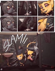 anthro balls bathroom bathroom_sex big_penis black_lipstick blush bodily_fluids boots boots_only canid canine casper_(glopossum) clothed clothing comic crash crashing crossdressing cum cum_in_air cum_on_belly cum_on_body cum_on_ground cum_on_penis cum_trail digital_media_(artwork) door duo ear_piercing ear_ring english_text eye_contact eyeshadow falling felid feline felis footwear footwear_only fox genital_fluids genitals glopossum hi_res high_heels junip latex latex_clothing latex_leotard legwear leotard lipstick looking_at_another makeup male mammal markings mostly_nude opening_door penis piercing public_restroom red_fox restroom_stall ring_piercing sand_cat shaking shoes silver_fox slipping smile sound_effects striped_markings stripes surprised text thigh_boots thigh_highs trans_(lore) trans_man_(lore) trembling true_fox upside_down