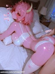 ai_generated arlequin097 mina_ashido ashido_mina my_hero_academia 1girl breasts looking_at_viewer blush short_hair large_breasts thighhighs 1boy underwear panties yellow_eyes pink_hair ass hetero heart sweat horns looking_back indoors cum sex bra white_panties pillow bed colored_skin on_bed sex_from_behind colored_sclera white_bra black_sclera lamp pink_skin
