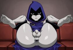 1futa solo solo_futa futanari futa_only damenjer ai_generated teen_titans raven_(dc) front_view sitting sitting_on_sofa blue_cloak cloak hood hood_up blue_hood belt hidden_face black_eyes looking_at_viewer small_breasts penis cock small_penis small_cock small_balls smooth_balls small_glans 5_fingers spread_legs emotionless neutral_expression anus anus_focus ass ass_focus shiny_skin shiny_body holding_legs legs_up feet 5_toes barefoot grey_body grey_skin grey_anus