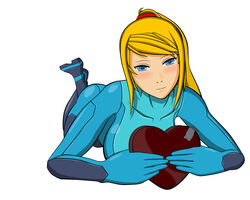 2d ass big_breasts blue_eyes blush box_of_chocolates breasts heart legs legs_together metroid nostrils ponytail samus_aran sircus smile white_background zero_suit zero_suit_samus