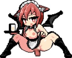 animated bat_wings boots breasts gettag gif holding_tray lifting_apron maid maid_headdress maid_uniform pink_hair pixel_art sex vaginal_sex wings