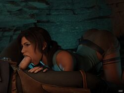 1boy 1girls 3d ass ass_up brown_hair butt deep_blowjob eye_contact fellatio female lara_croft lara_croft_(survivor) open_mouth oral redhot teeth tomb_raider unseen_male_face