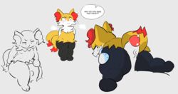 anthro braixen buttjob buttplug_tail dialogue embarrassed fox fur implied_cunnilingus implied_oral nicechan oofrowdy penis pokémon_(species) pokemon pokemon_(species) precum scarlet_(oofrowdy) shortstack tail thighs yellow_fur