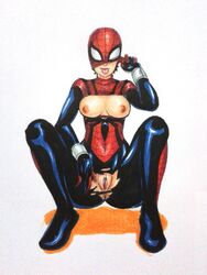 1girls female female_focus female_only low_res marvel marvel_comics mayday_parker open_clothes ripped_clothing sitting spider-girl spider-man_(series) superheroine unknown_artist white_background