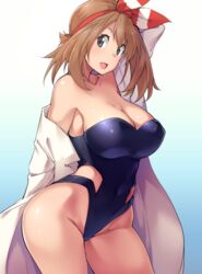 1girls absurd_res alternate_breast_size bangs breasts brown_hair cleavage clothing coat curvaceous feet_out_of_frame female female_only female_solo hi_res kuronyan labcoat large_breasts long_hair looking_at_viewer may_(pokemon) may_(pokemon_oras) nintendo one-piece_swimsuit one_arm_behind_head one_arm_up open_clothes open_coat open_mouth philena_ivy_(cosplay) plain_background pokemon pokemon_oras simple_background smile solo standing swimsuit wide_hips