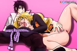 blonde_hair blowjob blue_eyes clothed fellatio female gender_transformation handjob naruko naruto naruto_(series) naruto_shippuden no_pants one_eye_closed philipsmitheros pussy pussy_juice rule_63 saliva sasuke_uchiha sexy_no_jutsu simple_background touching_pussy twintails uzumaki_naruto
