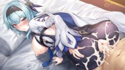 1girls anus ass bent_over blue_hair blush breasts clothed_sex cum cum_in_pussy cum_inside ejaculation ejaculation_while_penetrated eula_(genshin_impact) exposed_anus female genshin_impact gloves hi_res lactation large_breasts leotard male nipples overflow pineapp_panda pussy sex straight torn_leotard vaginal_penetration