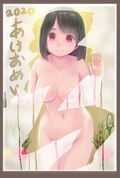 1girls 2020 bangs black_hair breasts convenient_censoring female female_only glass himeshaga human japanese_text light-skinned_female light_skin looking_at_viewer nude pale_skin solo standing text translation_request