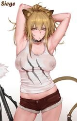 1girls 2020s 2021 animal_ears arknights armpits arms_behind_head arms_up bangs bare_shoulders blonde_hair blush breasts brown_shorts character_name closed_mouth collar collarbone cutoffs dark_nipples denim_shorts female female_only front_view hair_between_eyes jean_shorts large_breasts lion_ears lion_tail long_hair looking_at_viewer nipple_piercing no_bra orange_eyes red_bottomwear rosaline see-through_top shiny_hair shiny_skin short_shorts shorts siege_(arknights) simple_background solo sweat tail tank_top third-party_edit tomboy white_background white_tank_top white_topwear yellow_eyes