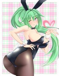 1girls ass bent_over big_breasts blowing_kiss blush breasts bunny_ears bunnysuit dura female female_only green_hair green_heart hand_on_hip heart huge_breasts looking_at_viewer looking_back neptunia_(series) one_eye_closed ponytail vert