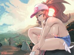 2girls alternate_breast_size areolae blue_eyes breasts brown_hair casual casual_exposure casual_nudity erect_nipples faejunkie female female_only hat hilda_(pokemon) huge_areolae huge_breasts human long_hair minishorts nintendo nipples outdoors pokemon pokemon_bw pokemon_bw2 rosa_(pokemon) shorts thick_thighs thighs tomboy top