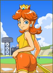 1boy 1girls 2020s 2021 ass baseball blue_eyes breasts bubble_butt butt_crack_outline crown dat_ass female from_behind gym_shorts happy human looking_at_viewer looking_back looking_back_at_viewer luigi mario_(series) mario_super_sluggers metahuman nintendo orange_hair outdoors princess_daisy rear_view red_hair shiny_bottomwear shiny_hair shiny_skin shirt short_hair shorts sisyo sleeveless_shirt small_breasts smile tank_top tomboy two_tone_bottomwear yellow_topwear