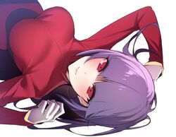 akira_(natsumemo) big_breasts breasts fully_clothed gym_leader hizuki_akira looking_at_viewer lowres lying_down pokemon purple_hair red_clothing red_eyes sabrina_(pokemon)