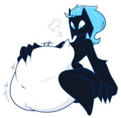 big_belly black_fur blue_hair female furry furry_only hand_on_belly thighs unknown_artist vc vore vore-chan white_fur