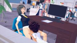 1boy 3d 3girls black_hair chair computer cunnilingus desk grey_hair kamijou_touma koikatsu konori_mii office pink_hair purple_hair shirai_kuroko silver_eyes to_aru_kagaku_no_railgun to_aru_majutsu_no_index uiharu_kazari