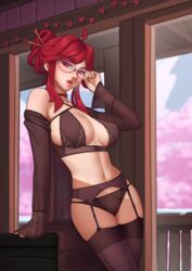 1girls big_breasts black_legwear black_lingerie blush breasts chopsticks_in_hair cleavage deilan12 elite_four fingernails floral_print glasses leaning_on_object lingerie looking_at_viewer lorelei_(pokemon) lorelei_(pokemon_lgpe) matching_hair/eyes necklace nintendo pokemon pokemon_frlg pokemon_lgpe pokemon_rgby red_eyes red_hair round_glasses sheer_legwear sleeves thick_thighs thighs