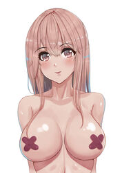 absurdres bandaid bandaids_on_nipples bangs bare_shoulders blush breasts breasts_apart brown_eyes brown_hair cleavage collarbone cute eyebrows_visible_through_hair female highres large_breasts lips long_hair looking_at_viewer milksasa nude original pasties smile solo upper_body