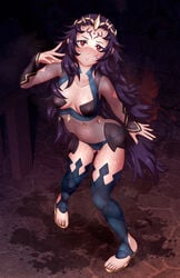 1girls ass ass_visible_through_thighs bare_thighs blood blue_panties bodystocking dungeon fire_emblem fire_emblem_fates imo_karubi indoors looking_at_viewer medium_breasts mouth_veil nintendo nyx_(fire_emblem) open_toe_shoes panties partially_visible_vulva purple_hair red_eyes sideboob solo tattoo veil very_long_hair wet