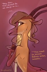 2021 antelope anthro blonde_hair bovid breasts dialogue disney english_text female fur gazelle gazelle_(zootopia) hair half-length_portrait hi_res horn looking_back mammal medium_breasts nude portrait qrog side_boob side_view solo tan_body tan_fur text unseen_character zootopia