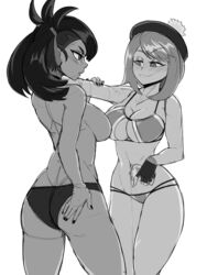 2girls ass big_breasts bikini breasts cleavage deep_blush faejunkie female gloria_(pokemon) greyscale large_breasts marnie_(pokemon) monochrome nintendo pokemon pokemon_ss sketch smug thick_thighs thighs thin_female white_background yuri