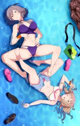 2girls blue_eyes breasts female females_only green_eyes hi_res laying_on_back light_skin long_hair looking_at_viewer minami_yume mujina multiple_girls pink_bikini purple_bikini revealing_clothes short_hair shorts spread_legs ssss.dynazenon swimsuit thick_thighs water wet