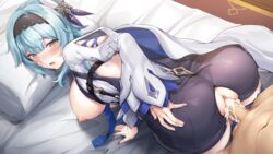 1girls anus ass bent_over blue_hair blush breasts clothed_sex cum cum_in_pussy cum_inside eula_(genshin_impact) exposed_anus female genshin_impact gloves hi_res large_breasts leotard male nipples pineapp_panda pussy sex straight torn_leotard vaginal_penetration