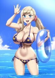 1girls big_breasts bikini blush breasts cleavage edens_zero female female_only huge_breasts looking_at_viewer open_mouth rebecca_bluegarden side-tie_bikini solo standing standing_in_water swimsuit tiny_waist twrlare water