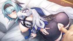 1girls anus ass bent_over blue_hair blush breasts censored clothed_sex eula_(genshin_impact) exposed_anus female genshin_impact gloves hi_res large_breasts leotard male nipples pineapp_panda pussy sex straight torn_leotard vaginal_penetration