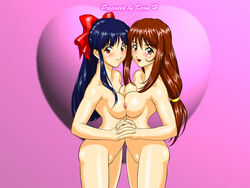 2girls areolae big_breasts blue_hair blush bow breast_press breasts brown_eyes brown_hair erica_fontaine female female_only hair_ribbon hand_holding karui_hanashino large_breasts long_hair looking_at_viewer multiple_girls nipples nude ribbon sakura_shinguji sakura_wars sega symmetrical_docking